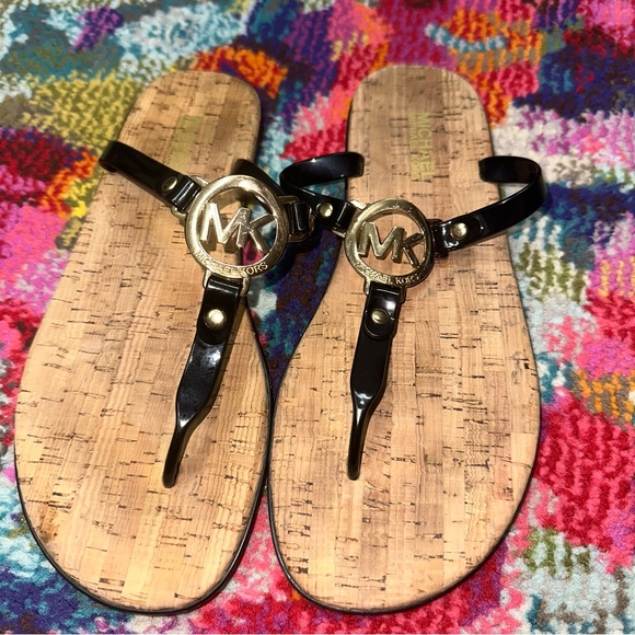 Michael Kors Shoes - Michael Kors Black and Gold Logo Sandals